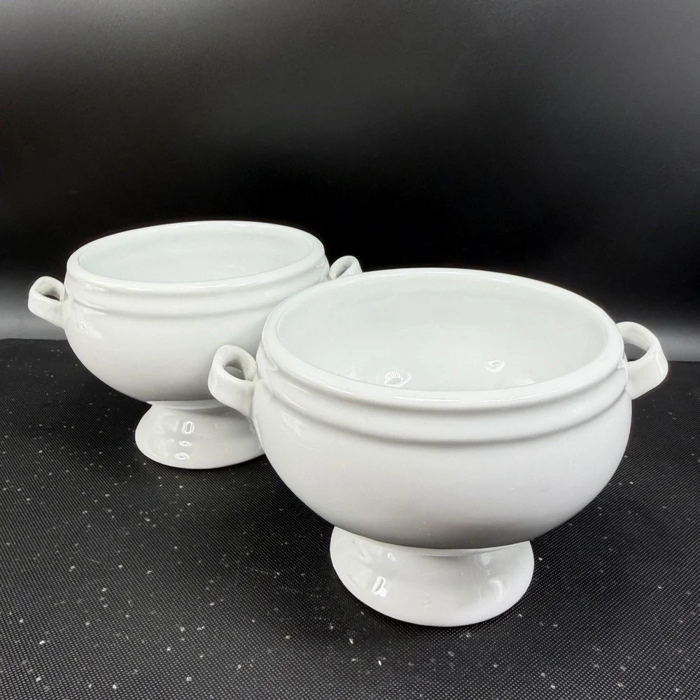 Crate & Barrel White Porcelain Footed Soup Bowls Set 2 Lion Head Style Handles